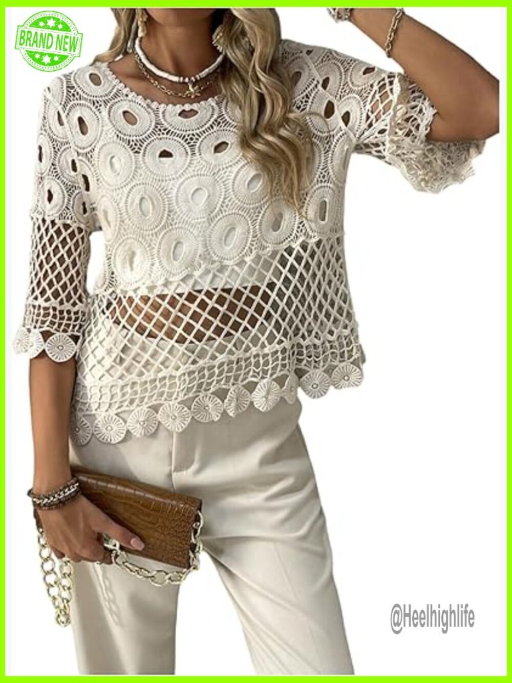 Sheer Crochet Crop Top 3/4 Sleeve Boho Knit Tops Relaxed Fit